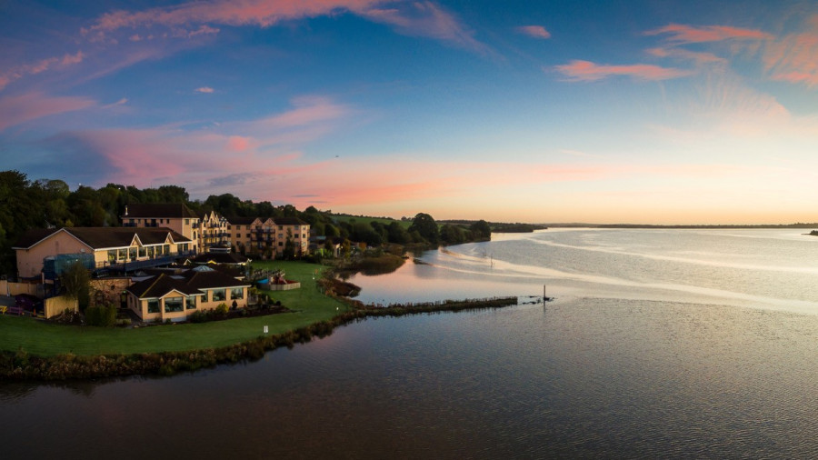 Aerial photo of the Ferrycarrig hotel overlooking the River Slanney